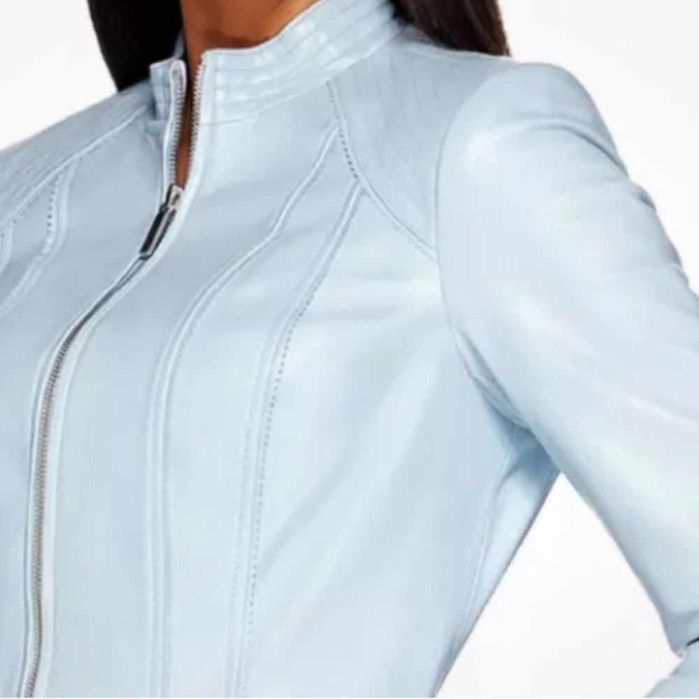 G.I.L.I. Zip Front Leather Jacket with Seaming Detail, Soft , Light Blue